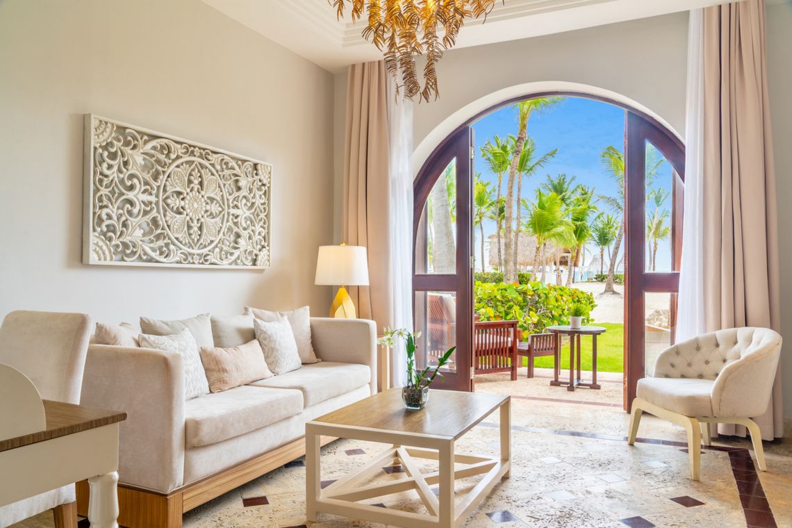 Beachfront Junior Suite seating area — Sanctuary Cap Cana
