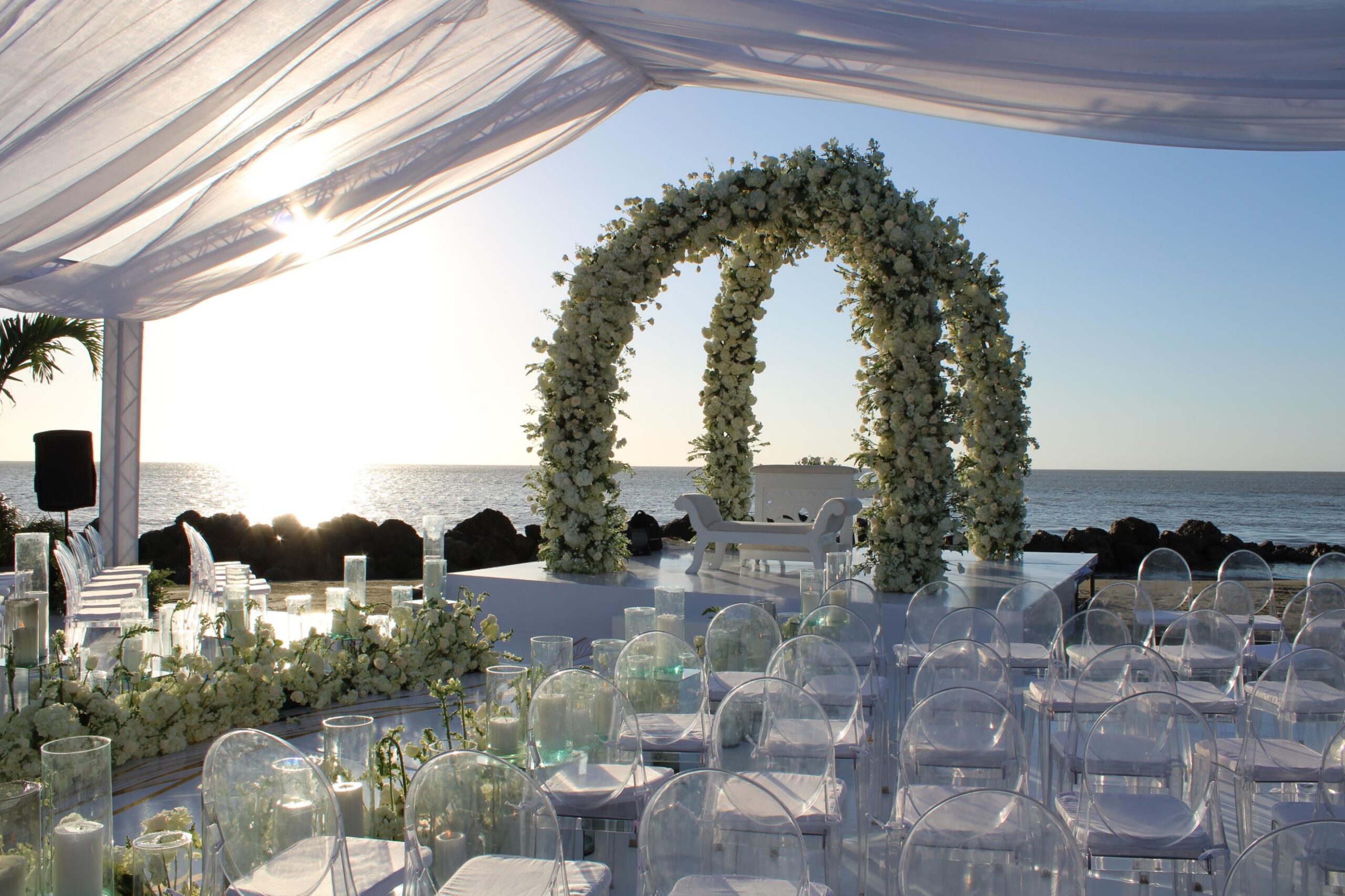 Beach Club Ceremony Arch at Sunset — Dreams Karibana Cartagena